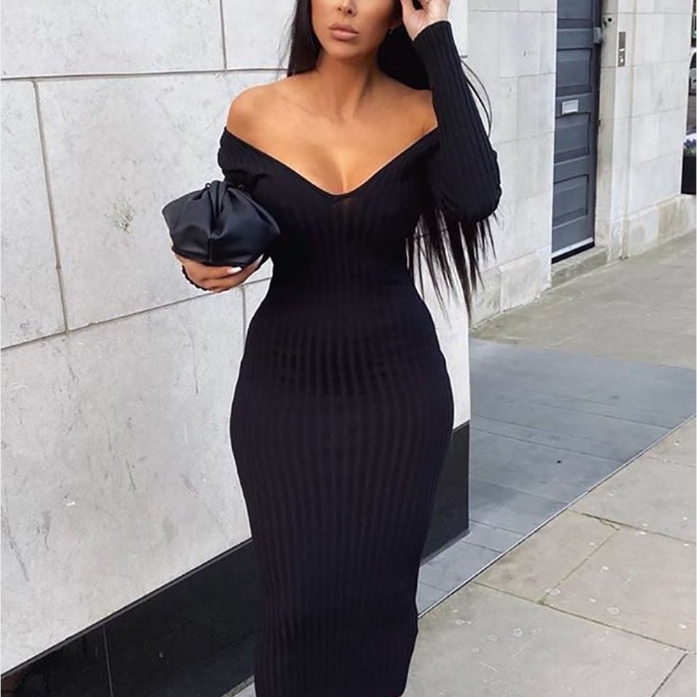 Fashion Nova Black Long Sleeve Knit Dress
